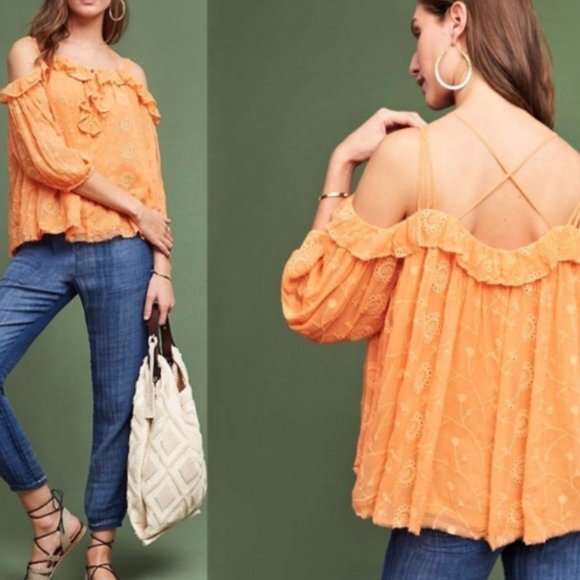 Anthropologie Tops - Anthropologie Floreat Tangerine Off Shoulder Semi Sheer Embroidered Blouse NWT